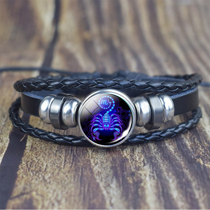 12 Zodiac Signs Glass Dome Leather Bracelet Fashion Jewelry for Couple Aries Taurus Leo Cancer Aquarius Pisces Bangle Bracelet