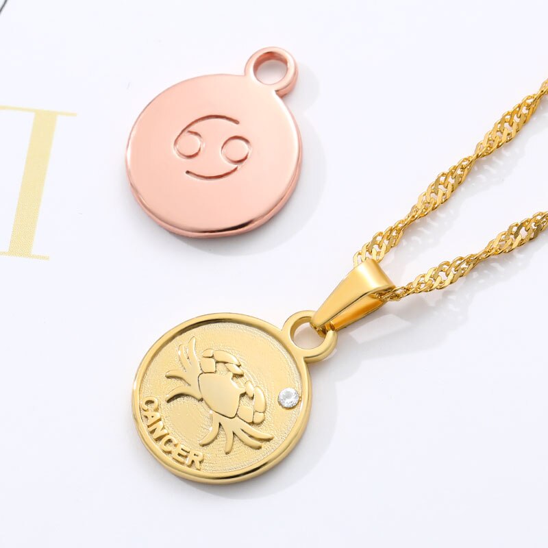 Round Coin Pendant Zodiac Sign Stainless Steel Minimalism Jewelry For Women Girl Aquarius Pisces Sagittarius Necklaces BFF