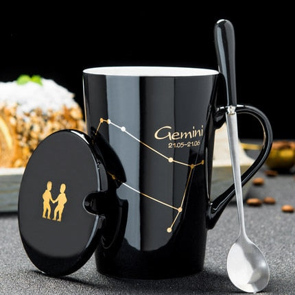 Ceramic Mugs 12 Constellations Creative Mugs With Spoon Lid Black Mug Porcelain Zodiac Milk Coffee Cup Drinkware Couples Gift