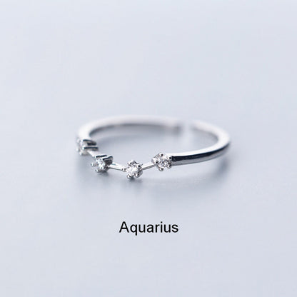 New Minimalist Inlaid Cubic Zircon 12 Constellation Zodiac Sign Rings for Women Simple Silver Color Adjustable Ring Jewelry Gift