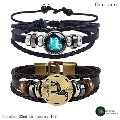 2pcs 12 Constellation Bracelet Zodiac Sign Black Braided Leather Bangle Aries Leo Libra Luminous Dome Jewelry Punk Men Bracelet