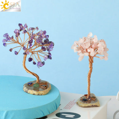 CSJA 7 Chakras Tree of Life Decoration Rose Natural Chip Crystal Handmade Healing Luck Money Trees Feng Shui Home Office  G822