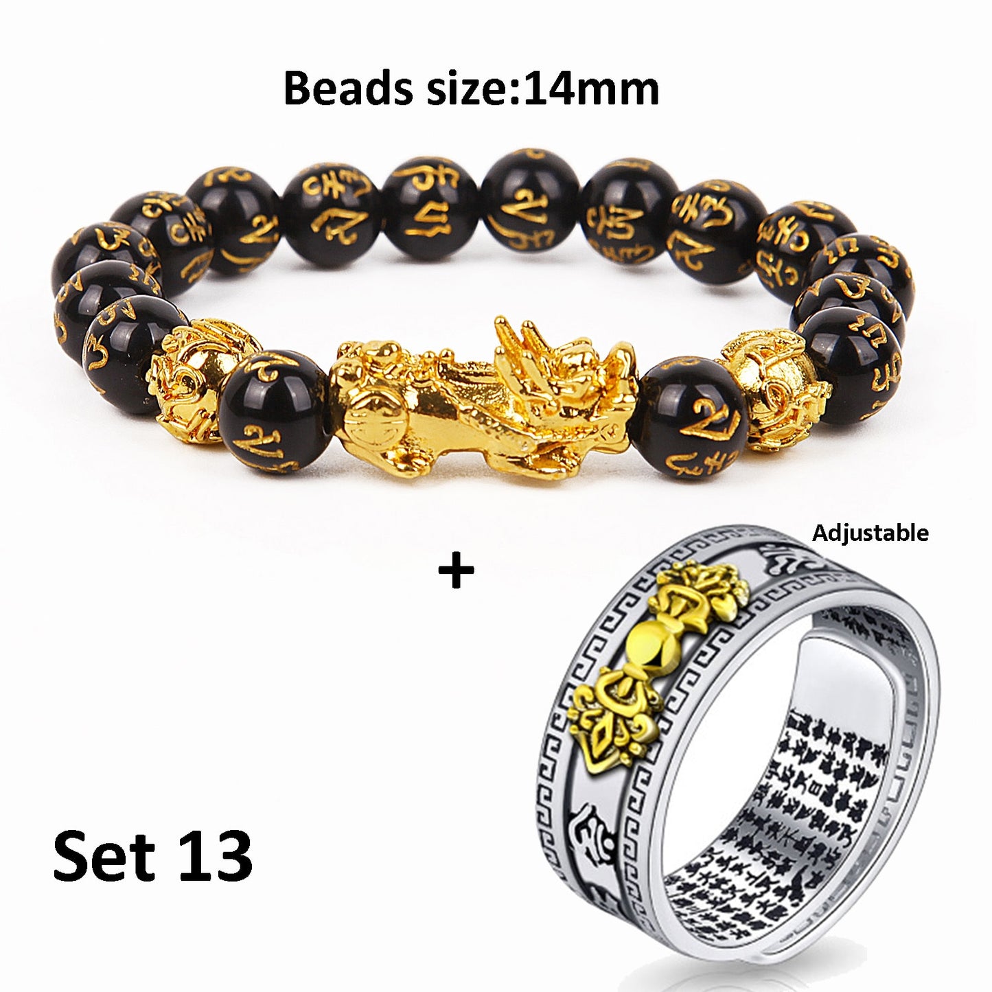 Black Pixiu Bracelet Ring Set Feng Shui Buddhist Bead Bracelet Obsidian Bead Bracelet Men&#39;s Women&#39;s Wealth Good Luck Accessories