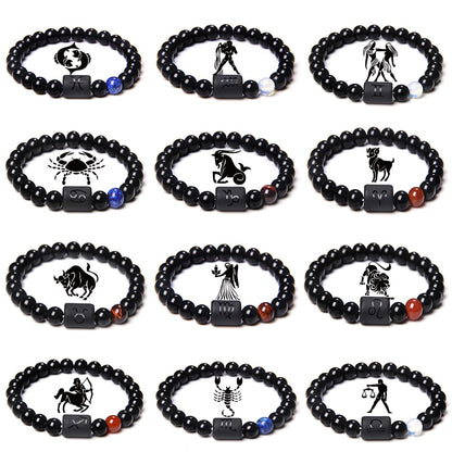 12 Constellation Bracelets For Women Men Couple Bracelet 8MM Black Onyx Beads Opal Red Agates Tiger Eye Stone Bangle Best Friend