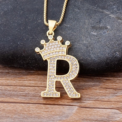 Nidin New Luxury Copper Zircon A-Z Crown Alphabet Pendant Chain Necklace Hip-Hop Style Fashion Woman Man Initial Name Jewelry