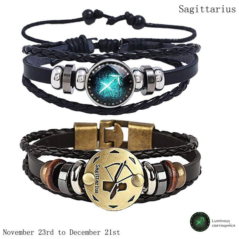 2pcs 12 Constellation Bracelet  Zodiac Sign Black Braided Leather Bangle Aries Leo Libra Luminous Dome Jewelry Punk Men Bracelet