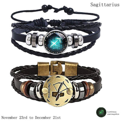 2pcs 12 Constellation Bracelet Zodiac Sign Black Braided Leather Bangle Aries Leo Libra Luminous Dome Jewelry Punk Men Bracelet