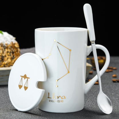 Ceramic Mugs 12 Constellations Creative Mugs With Spoon Lid Black Mug Porcelain Zodiac Milk Coffee Cup Drinkware Couples Gift