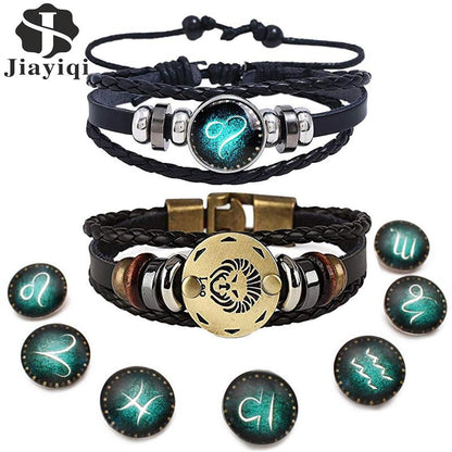 2pcs 12 Constellation Bracelet Zodiac Sign Black Braided Leather Bangle Aries Leo Libra Luminous Dome Jewelry Punk Men Bracelet