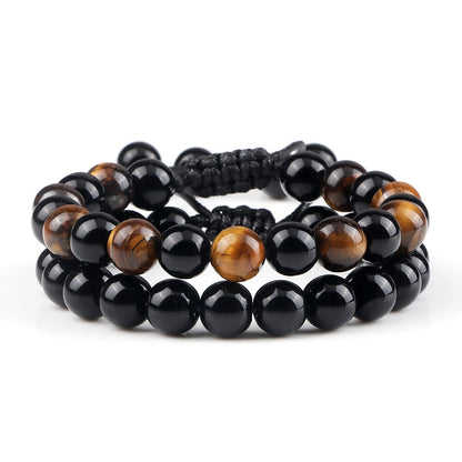 2pcs Men Shiny Black Natural Stone Beaded Bracelets Multicolor Tiger Eye Stone Obsidian Onyx Beads Bracelets Women Yoga Jewelry