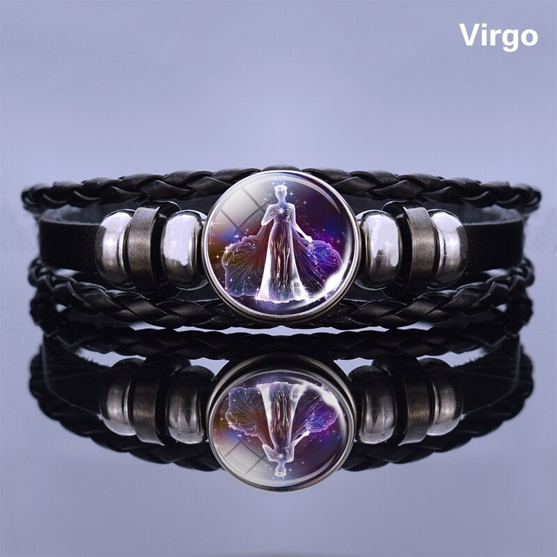 12 Zodiac Signs Glass Dome Leather Bracelet Fashion Jewelry for Couple Aries Taurus Leo Cancer Aquarius Pisces Bangle Bracelet