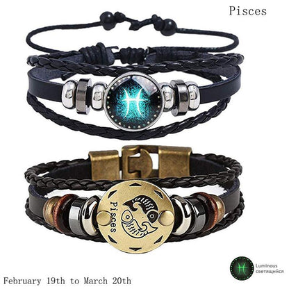 2pcs 12 Constellation Bracelet Zodiac Sign Black Braided Leather Bangle Aries Leo Libra Luminous Dome Jewelry Punk Men Bracelet