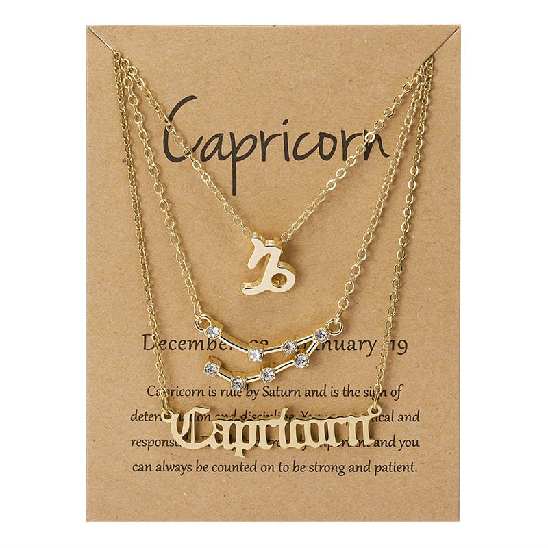 3Pcs/set 12 Zodiac Sign Necklace For Women 12 Constellation Pendant Chain Choker Birthday Jewelry With Cardboard Card