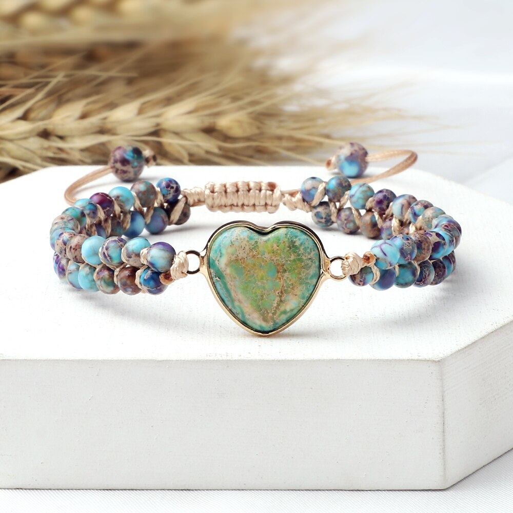 Emperor Stone Heart-Shape Pendant Beaded Bracelets Natural Stone Women Bohemia Chakra Braided Bracelet for Men Handmade Jewelry