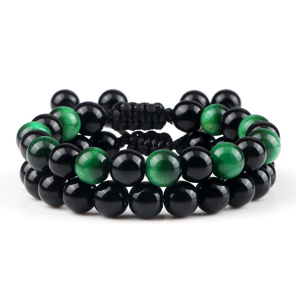 2pcs Men Shiny Black Natural Stone Beaded Bracelets Multicolor Tiger Eye Stone Obsidian Onyx Beads Bracelets Women Yoga Jewelry