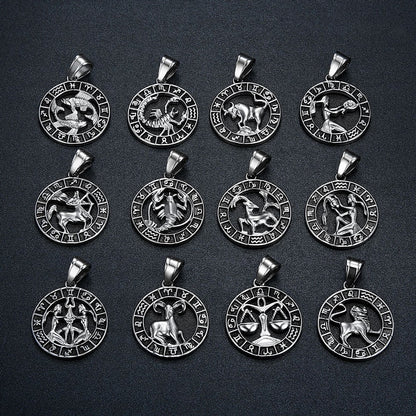 Silver Color 12 Constellation Zodiac Pendant Necklace Punk Retro High Quality Stainless steel Rope Chain Horoscope for Men