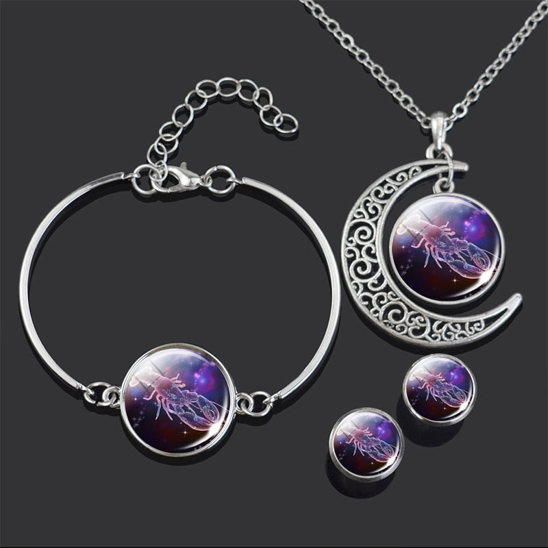 Constellation Jewelry Set 12 Zodiac Signs Glass Cabochon Necklace Bracelet Earrings Set Women 4PCS Jewelry Set Birthday Gifts