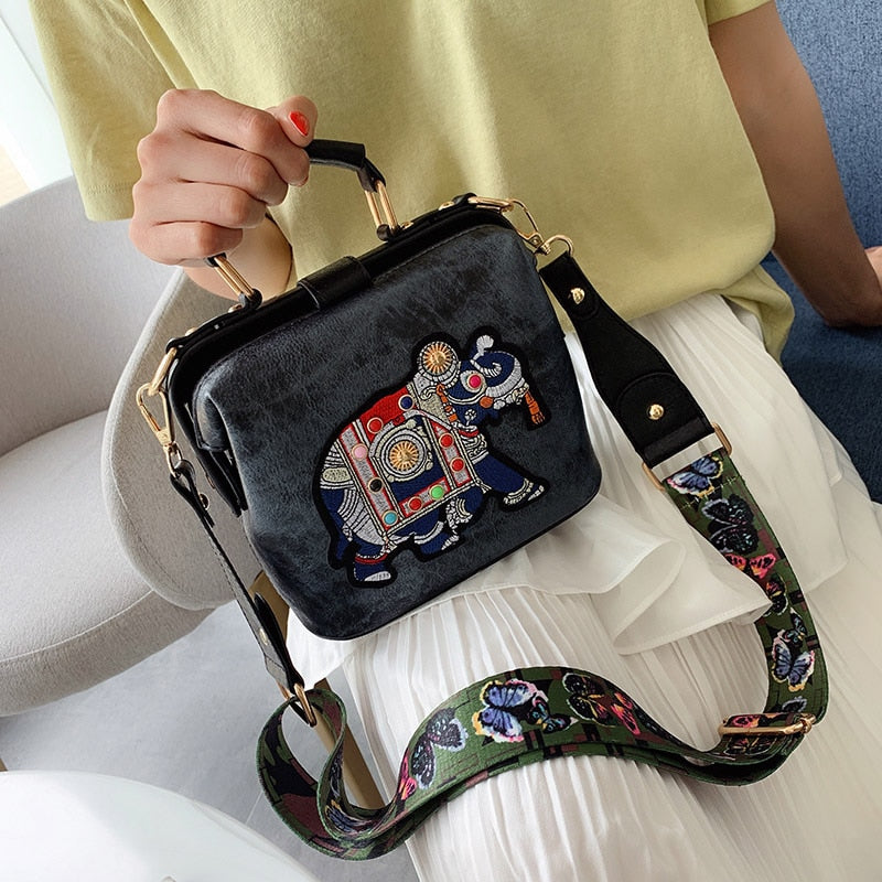 Vintage Embroidery Elephant Bag Bags Wide Butterfly Strap PU Leather Women Shoulder Crossbody Bag Tote Women&#39;s Handbags Purses