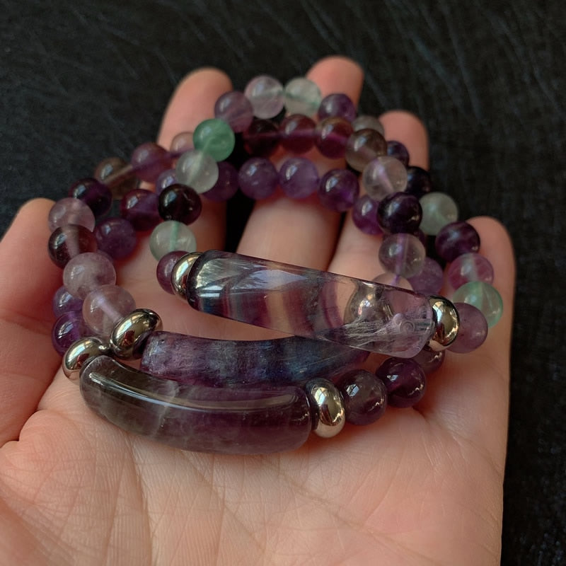 Natural Stone Strand Beads Bracelet Reiki Healing Amethysts Purple Green Fluorite Quartz Crystal Rectangle Bar Charms Bracelets