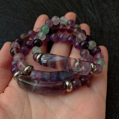 Natural Stone Strand Beads Bracelets Reiki Healing Amethysts Purple Green Fluorite Quartz Crystal Rectangle Bar Charms Bracelets