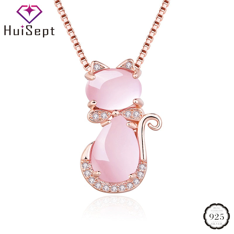 HuiSept Fashion 925 Silver Jewelry Necklace Cat Shape Rose Quartz Zircon Gemstone Pendant for Women Wedding Ornaments Wholesale