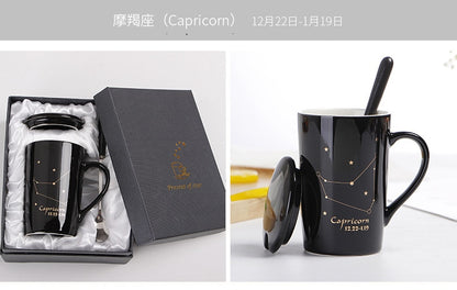 With Gift Box 12 Constellations Creative Ceramic Mugs with Spoon Lid Black and Gold Porcelain Zodiac Milk Coffee Cup 400ML Water