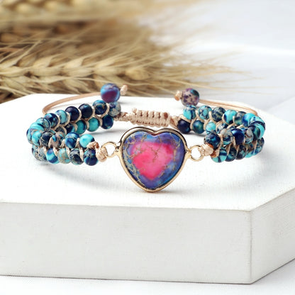 Emperor Stone Heart-Shape Pendant Beaded Bracelets Natural Stone Women Bohemia Chakra Braided Bracelet for Men Handmade Jewelry