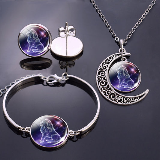 Constellation Jewelry Set 12 Zodiac Signs Glass Cabochon Necklace Bracelet Earrings Set Women 4PCS Jewelry Set Birthday Gifts