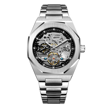 Forsining Fashion Silver Mens Watches Top Brand Luxury Automatic Mechanical Stainless Steel Fashion Business Skeleton Wristwatch