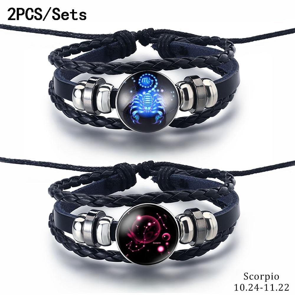 2PCS/Sets 12 Constellations Stainless Steel Leather Bracelet Charm 12 Zodiac Titanium Steel Bracelets Bangles Cuff Bracelet