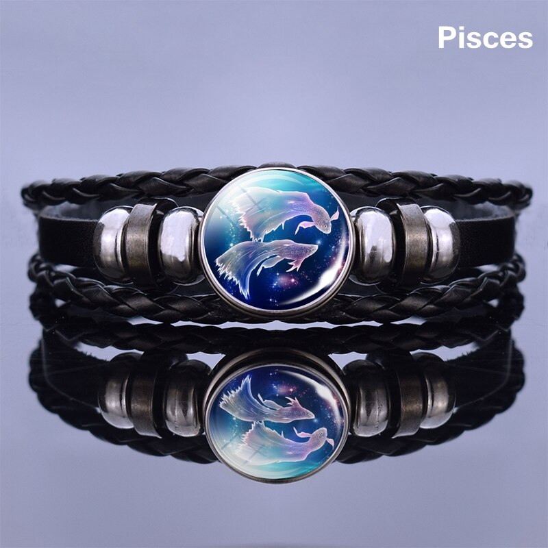 12 Zodiac Signs Glass Dome Leather Bracelet Fashion Jewelry for Couple Aries Taurus Leo Cancer Aquarius Pisces Bangle Bracelet