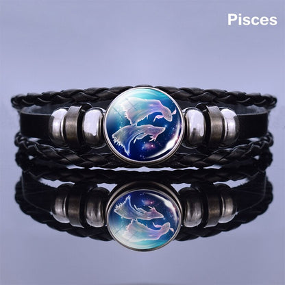 12 Zodiac Signs Glass Dome Leather Bracelet Fashion Jewelry for Couple Aries Taurus Leo Cancer Aquarius Pisces Bangle Bracelet