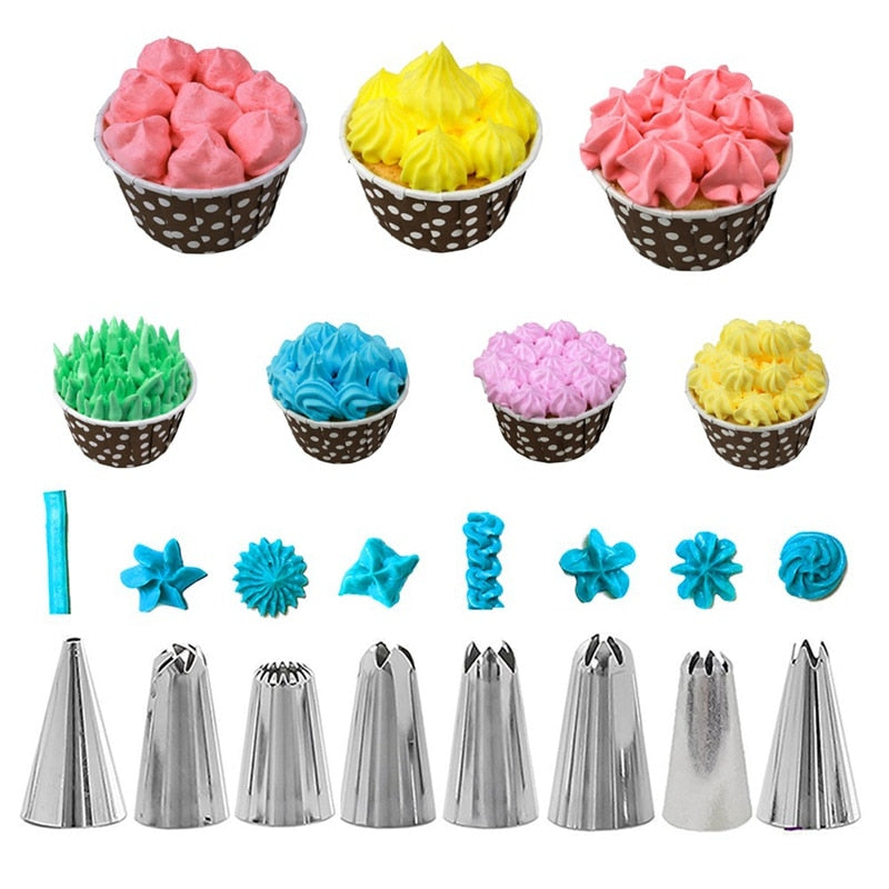 16Pcs Reusable Icing Piping Nozzles Set Pastry Bag Cake Decorating Tools Scraper Flower Cream Tips Converter Baking Cup