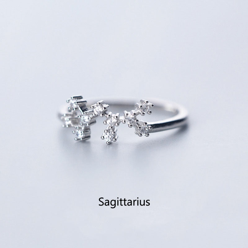 New Minimalist Inlaid Cubic Zircon 12 Constellation Zodiac Sign Rings for Women Simple Silver Color Adjustable Ring Jewelry Gift