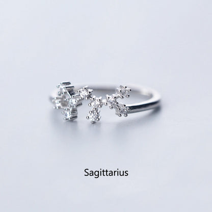 New Minimalist Inlaid Cubic Zircon 12 Constellation Zodiac Sign Rings for Women Simple Silver Color Adjustable Ring Jewelry Gift