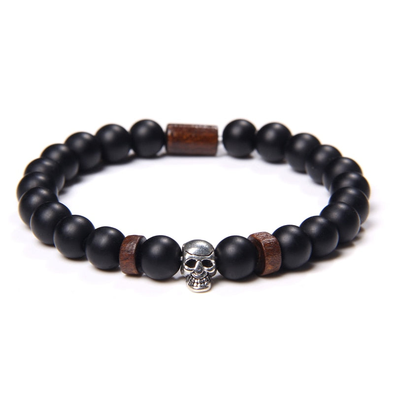 Skull Bracelets For Men Women Natural Stone Tiger Eye Bracelet Malachite Labradorite 8MM Beads Stretch Bangles Punk Jewelry