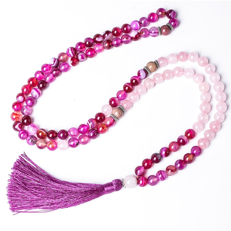 8mm Rhodochrosite Rose Quartz Agate Beaded 108 Japamala Necklace Meditation Yoga Healing Tibetan Jewelry Bracelet Tassel Sets