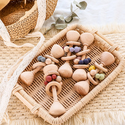 1pc Baby Toys Beech Wooden Rattle Hand Bells Toys Of Newbron Montessori Educational Toys Mobile Rattle Wooden Ring Baby Products