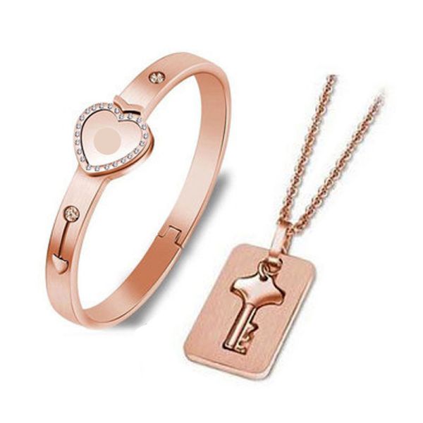 A Couple Lovers Jewelry Love Heart Lock Bracelet Stainless Steel Bracelets Bangles Key Pendant Necklace Jewelry