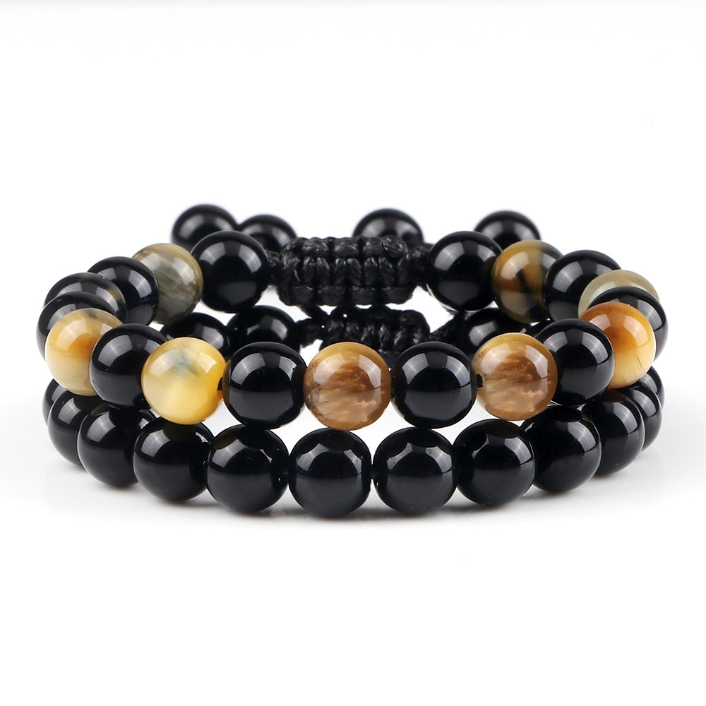 2pcs Men Shiny Black Natural Stone Beaded Bracelets Multicolor Tiger Eye Stone Obsidian Onyx Beads Bracelets Women Yoga Jewelry