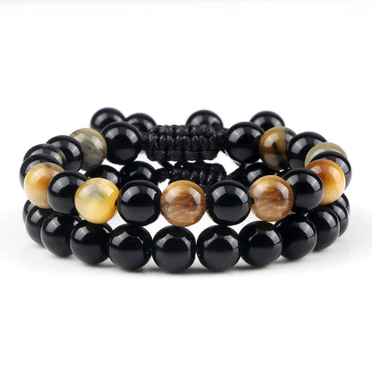 2pcs Men Shiny Black Natural Stone Beaded Bracelets Multicolor Tiger Eye Stone Obsidian Onyx Beads Bracelets Women Yoga Jewelry