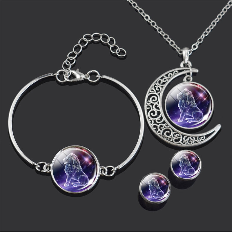 Constellation Jewelry Set 12 Zodiac Signs Glass Cabochon Necklace Bracelet Earrings Set Women 4PCS Jewelry Set Birthday Gifts