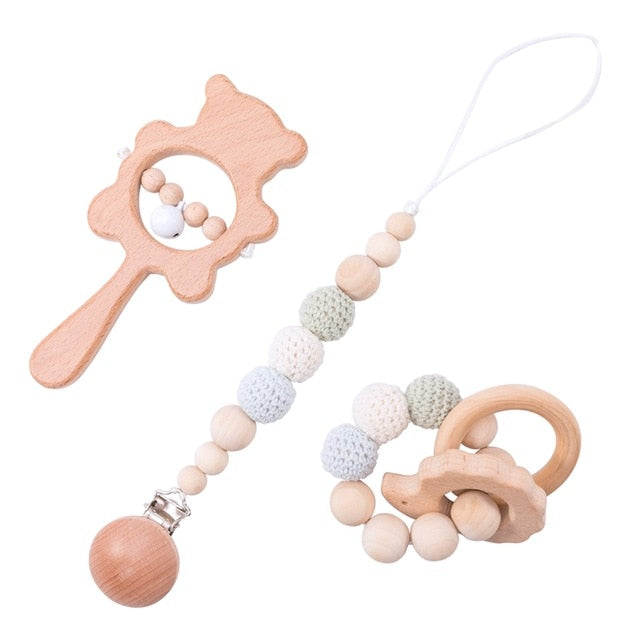 1set Baby Toys Wooden Rattle Bear Shape Hand Teething Baby Teether Musical Pacifier Chain Montessori Educational Stroller Toys