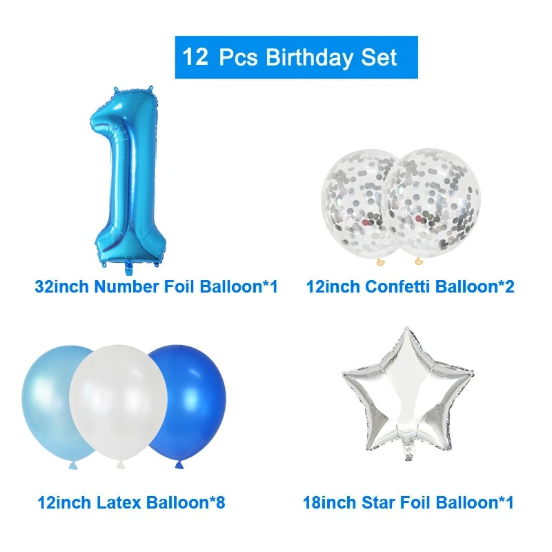 12Pcs/set Blue Number Foil Latex Balloons for Kids Birthday Party Decoration 1st One Year Birthday Boy Decor Baby Shower Balloon