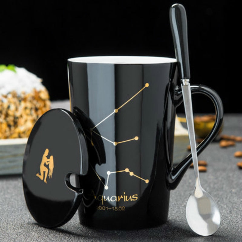 Ceramic Mugs 12 Constellations Creative Mugs With Spoon Lid Black Mug Porcelain Zodiac Milk Coffee Cup Drinkware Couples Gift