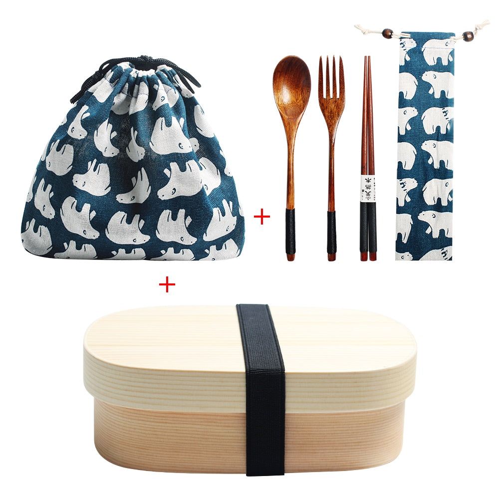 Wooden Lunch Box Picnic  Japanese Bento Box for School Kids Dinnerware Set with Bag&amp;Spoon Fork Chopsticks Round Square Lunch Box