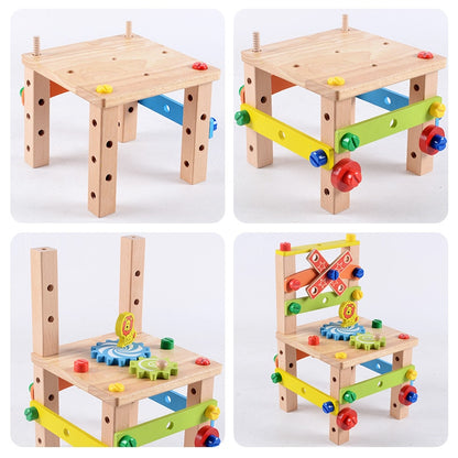 Wooden Assembling Chair Montessori Toys Baby Educational Wooden Blocks Toy Preschool Children Variety Nut Combination Chair Tool