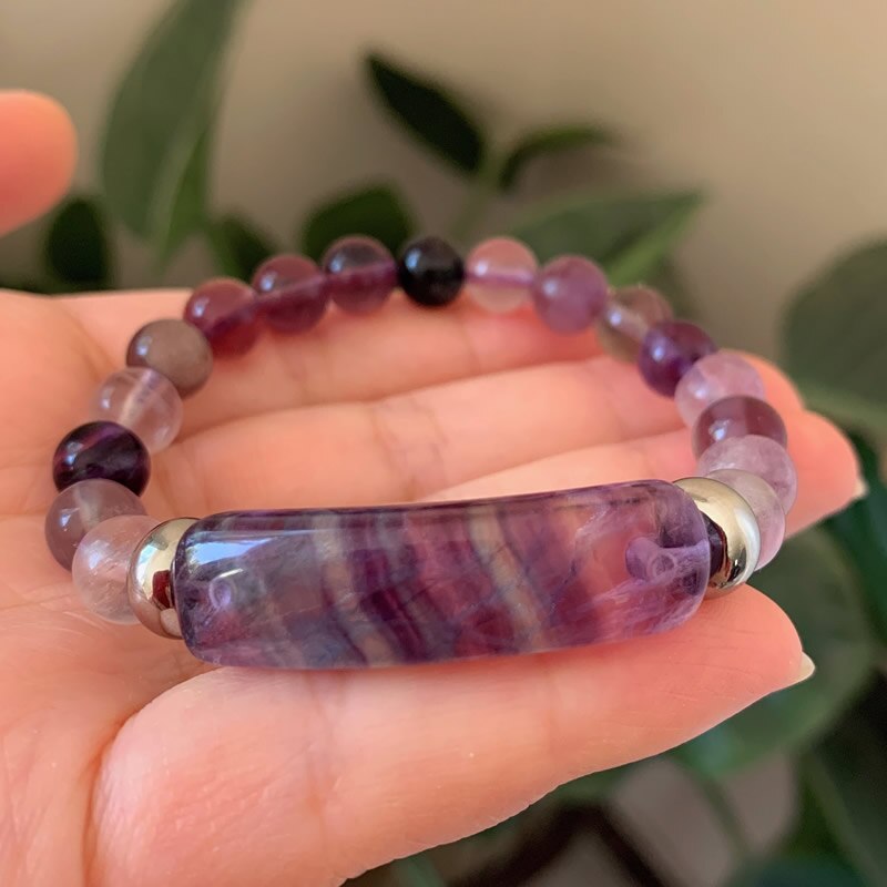 Natural Stone Strand Beads Bracelet Reiki Healing Amethysts Purple Green Fluorite Quartz Crystal Rectangle Bar Charms Bracelets