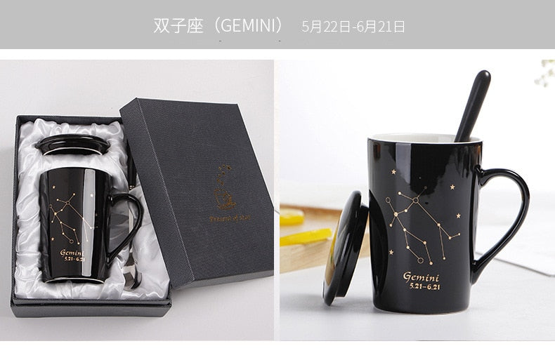 With Gift Box 12 Constellations Creative Ceramic Mugs with Spoon Lid Black and Gold Porcelain Zodiac Milk Coffee Cup 400ML Water