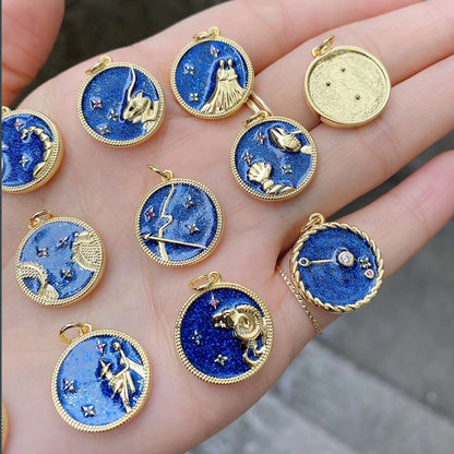 Zodiac Horoscope Sign Medallion Pendant Real 18K Gold Plated Sparkle Astro Coin for Necklace Bracelet Jewelry Making Supply